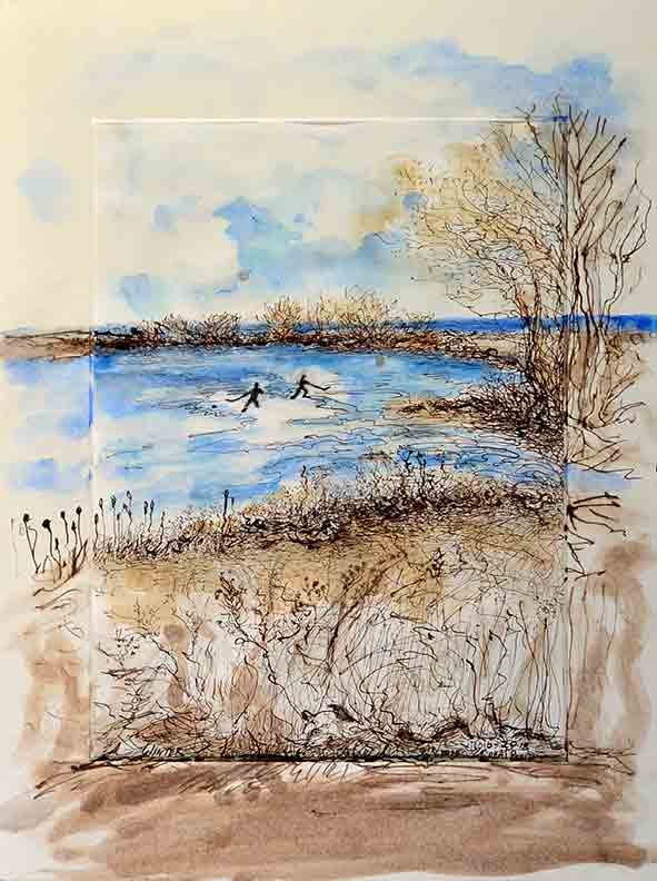Christy Bergland watercolor, Winter Ice Hockey Great Pond 