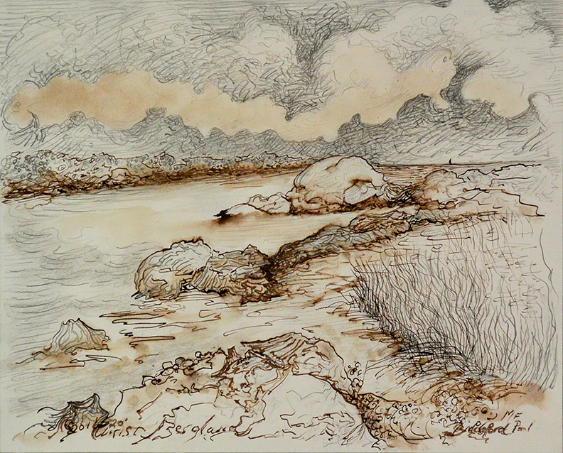 Christy Bergland sepia drawing, Biddeford Pool Coast