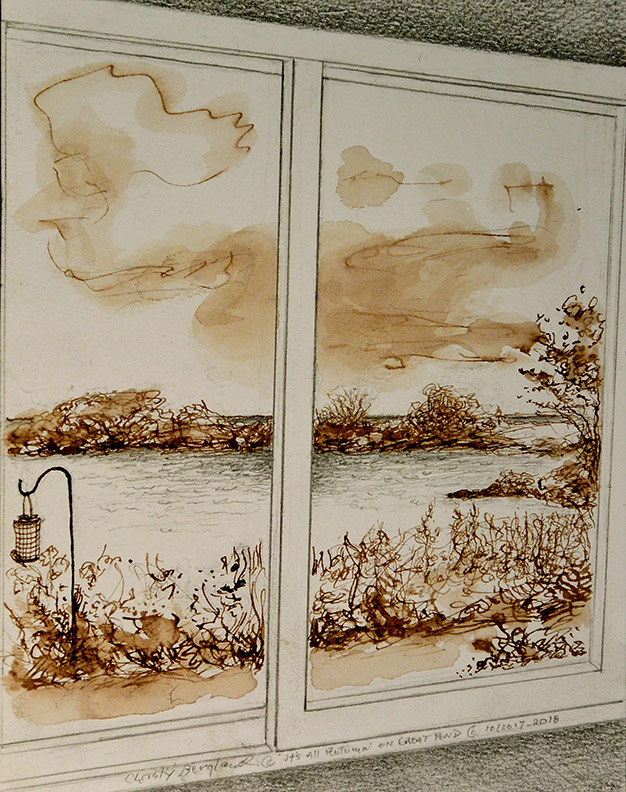Christy Bergland sepia drawing, It's All Autumn on Great Pond