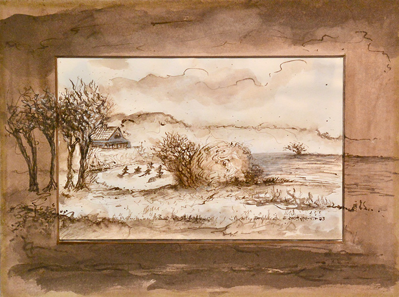 Christy Bergland Sepia Ink, Skating on Early Winter Great Pond
