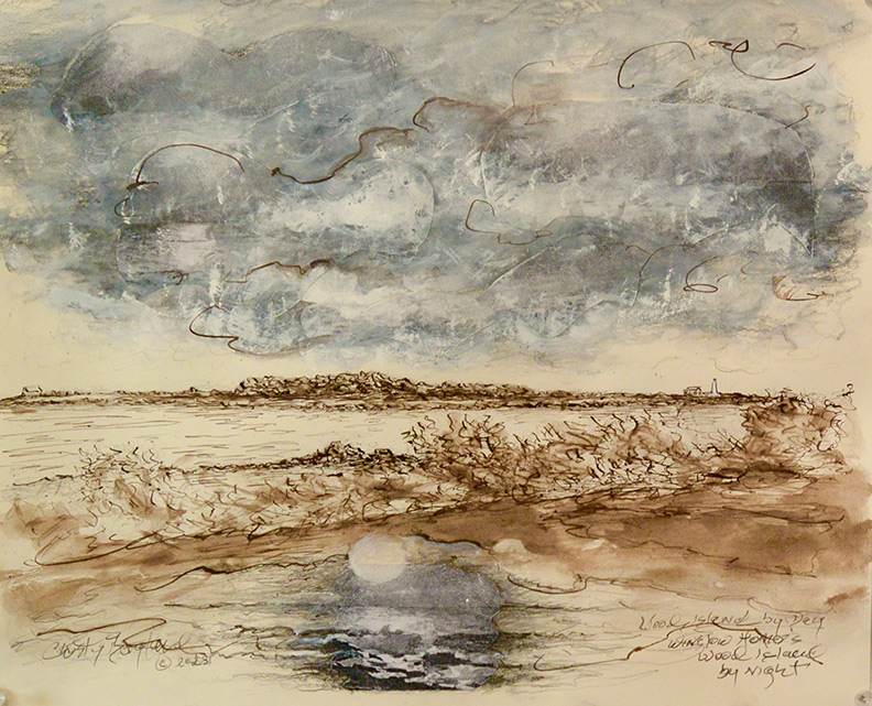 Christy Bergland sepia drawing, Wood Island by Day - Winslow Homer's Wood Island by Night