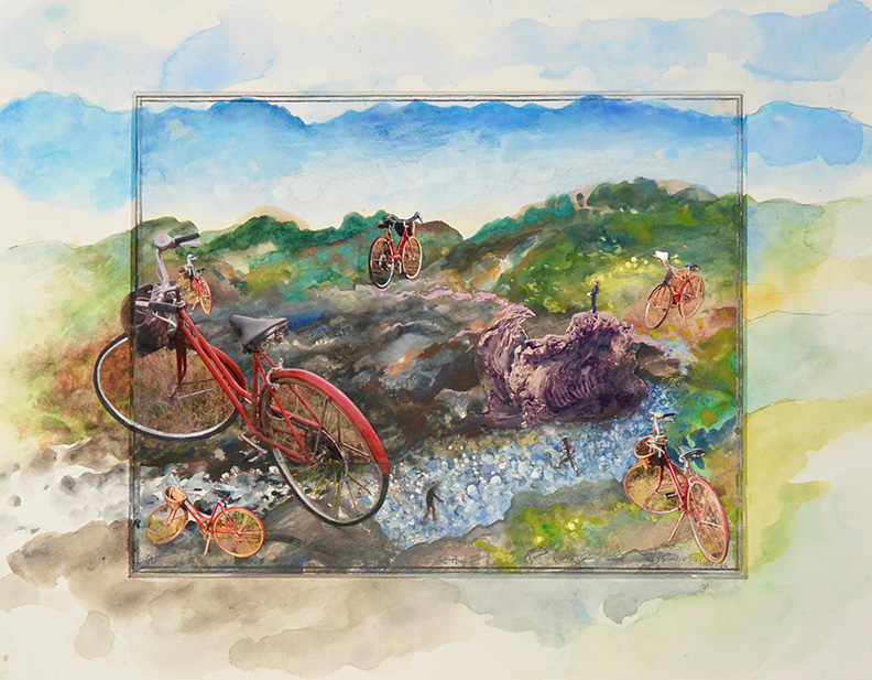 Christy Bergland Photo Collages Series, The Red Bicycle Between East Point & the Adirondacks